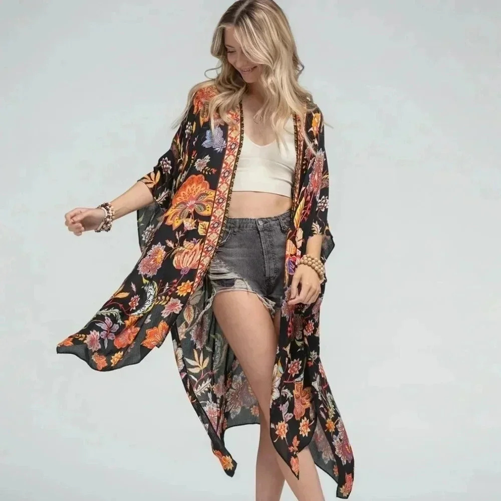 New! Boho Floral Print Black Kimono Wrap Coverup